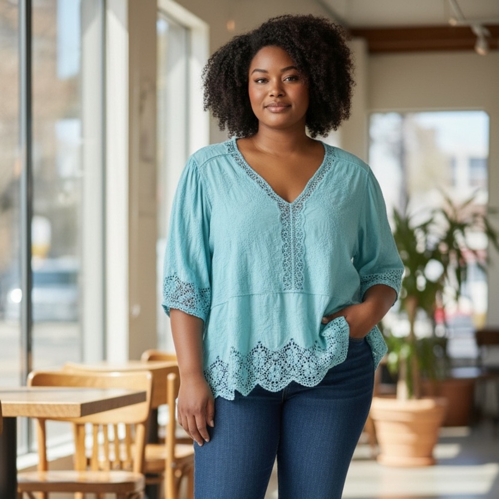 Democracy Sky Blue Lace Accent Blouse